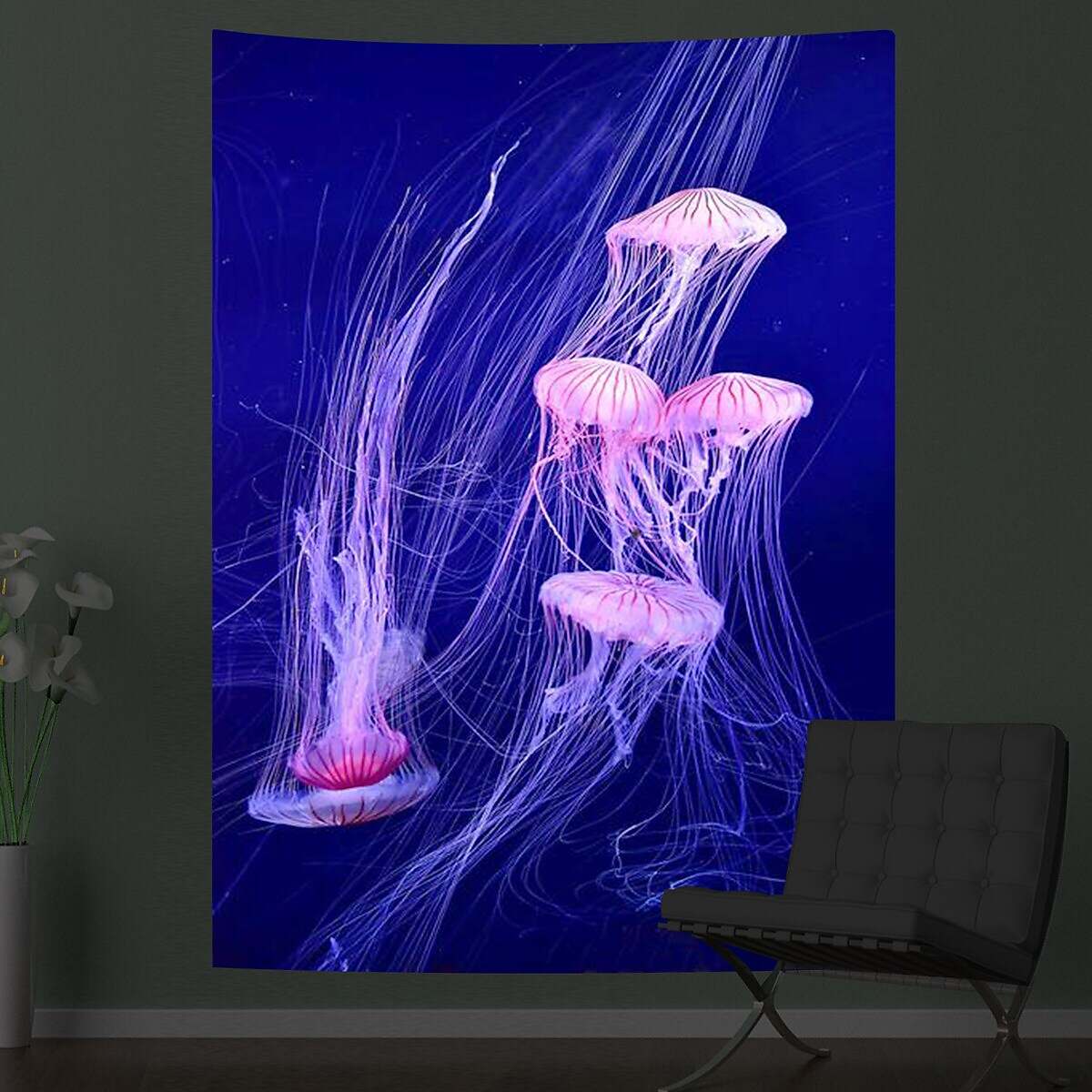 Black UV Light Jellyfish Psychedelic Tapestry