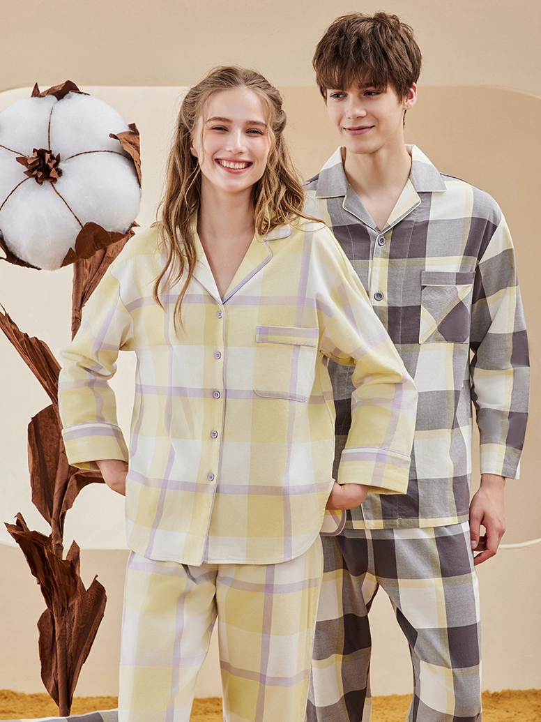 Cotton Regular Fit V Neck Long Sleeve Couple Pajama Set