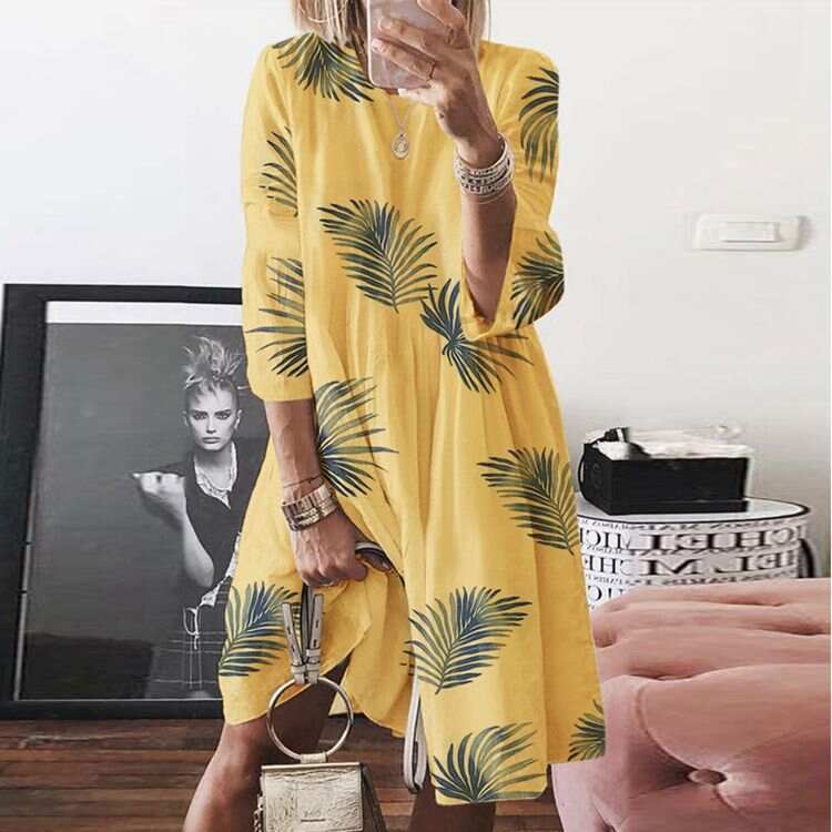 Plus Size Printed Round Neck Long Sleeve Dress