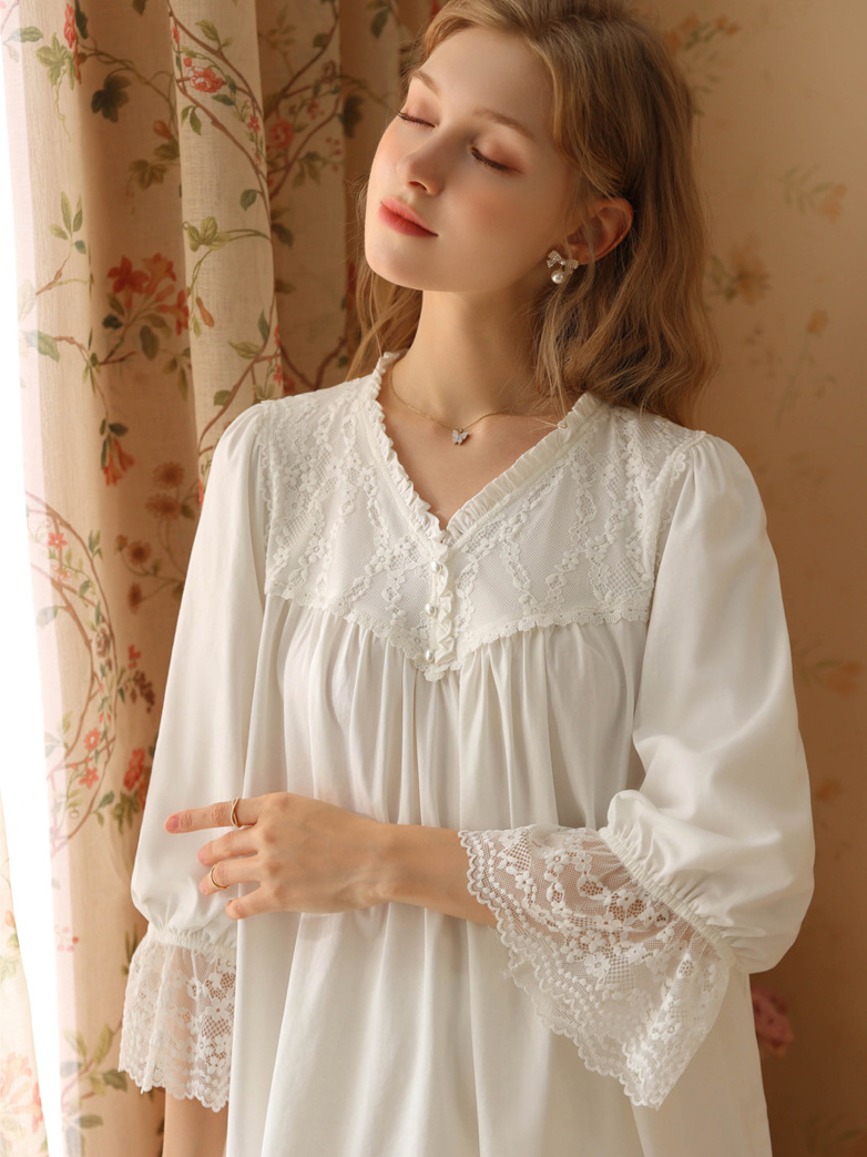 Lace Cotton V Neck Casual  Long Sleeve Pajama Set