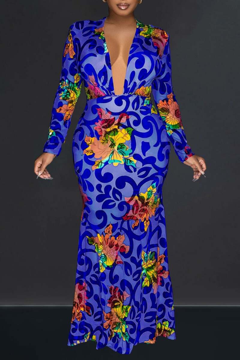 Blue Casual Print Patchwork V Neck Long Dress Dresses