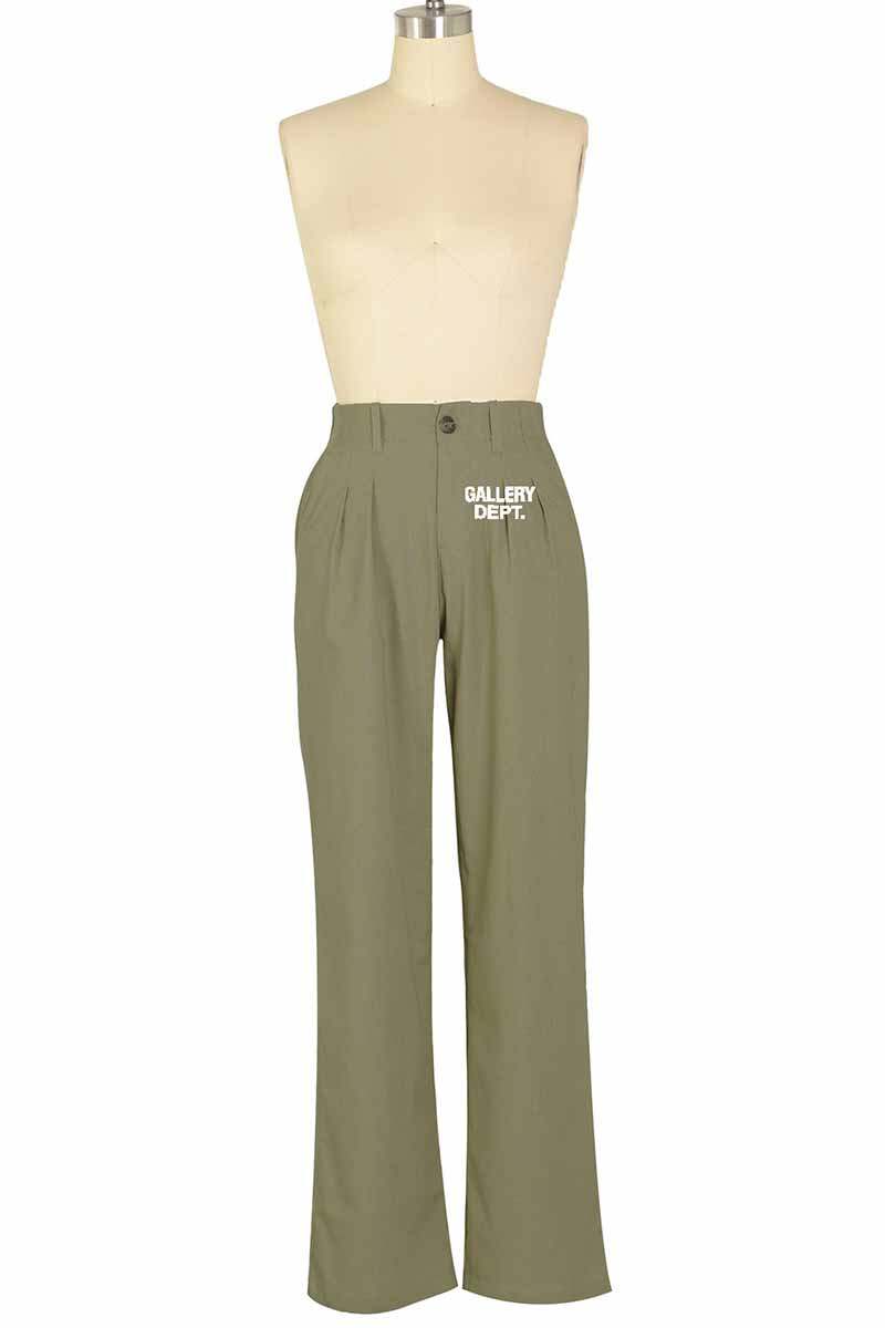 Khaki Casual Print Letter Mid Waist Straight Bottoms