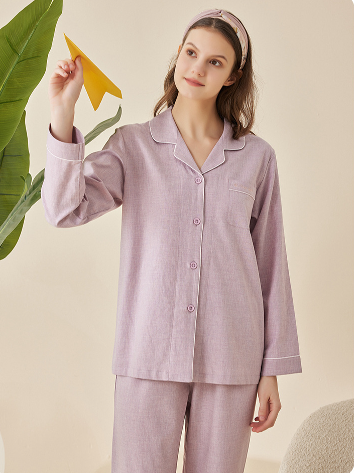 Plain V Neck Simple Cotton Long Sleeve Couple Pajama Set