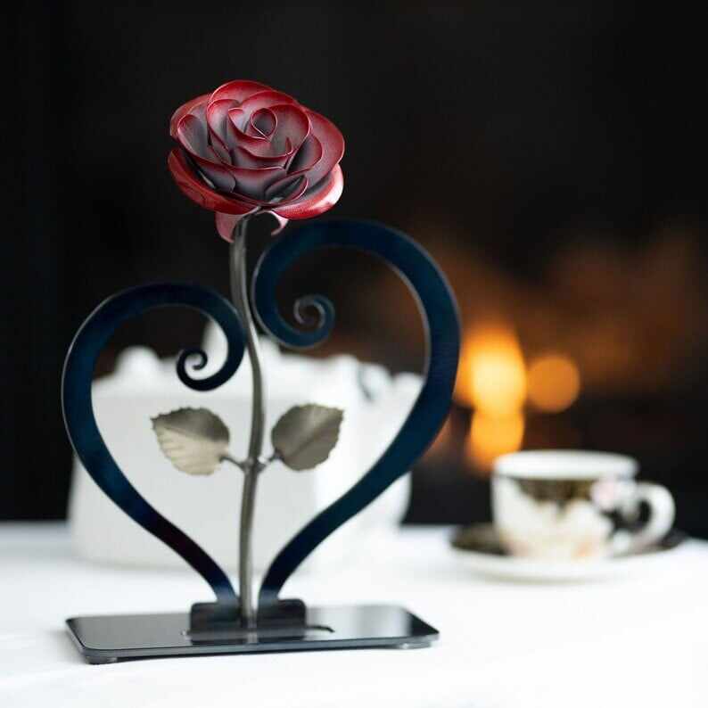 Iron Red Metal Rose with Heart-Shaped Stand