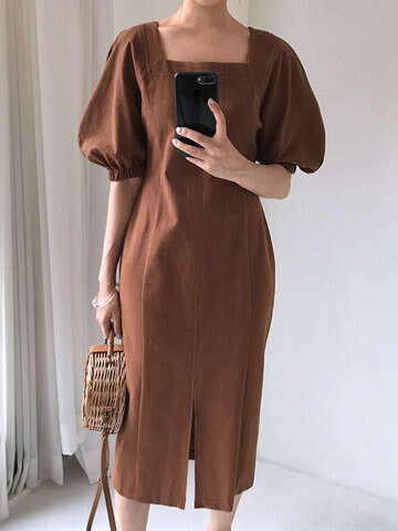 Women Casual Dresses | Solid Slit Puff Sleeve Square Collar Casual Dress - ZL96857