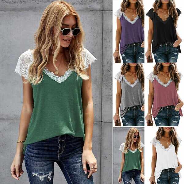 Women's V Neck Lace Vest Summer Casual Short-sleeved Top