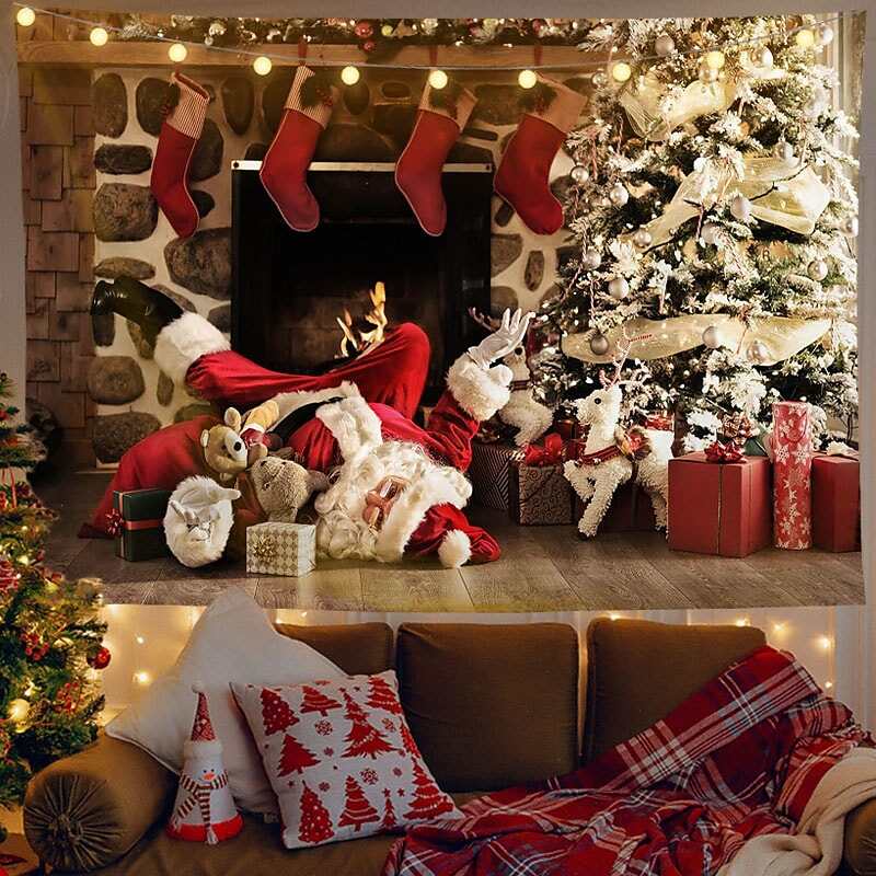 Christmas Decor LED Lights Wall Tapestry Santa Claus Christmas Tree Print