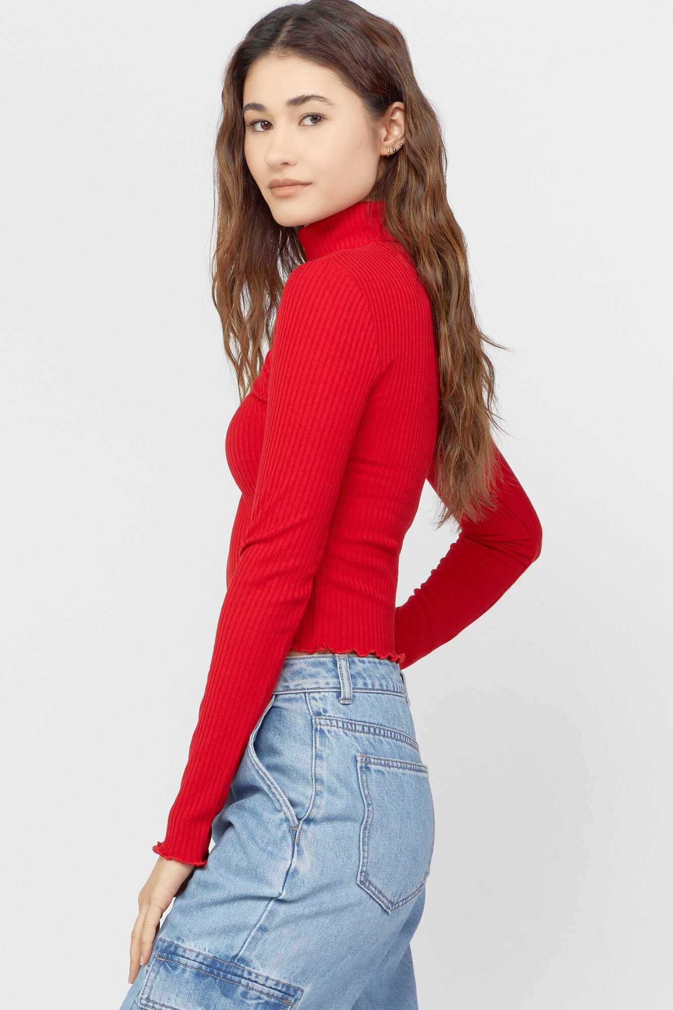 Women Apparel | Turtleneck Lettuce-Edge Crop Top Cream Forever21 - HP50492