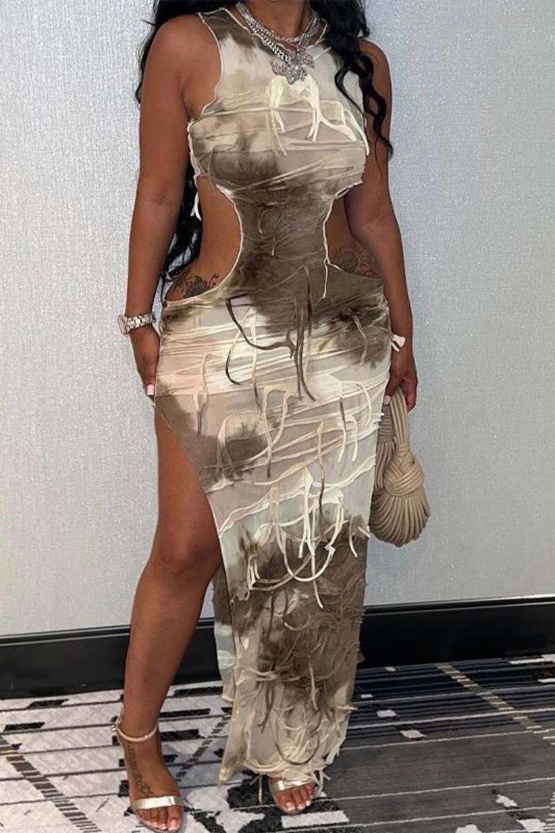 Khaki Sexy Casual Print Hollowed Out Slit O Neck Long Dress (Subject To The Actual Object)