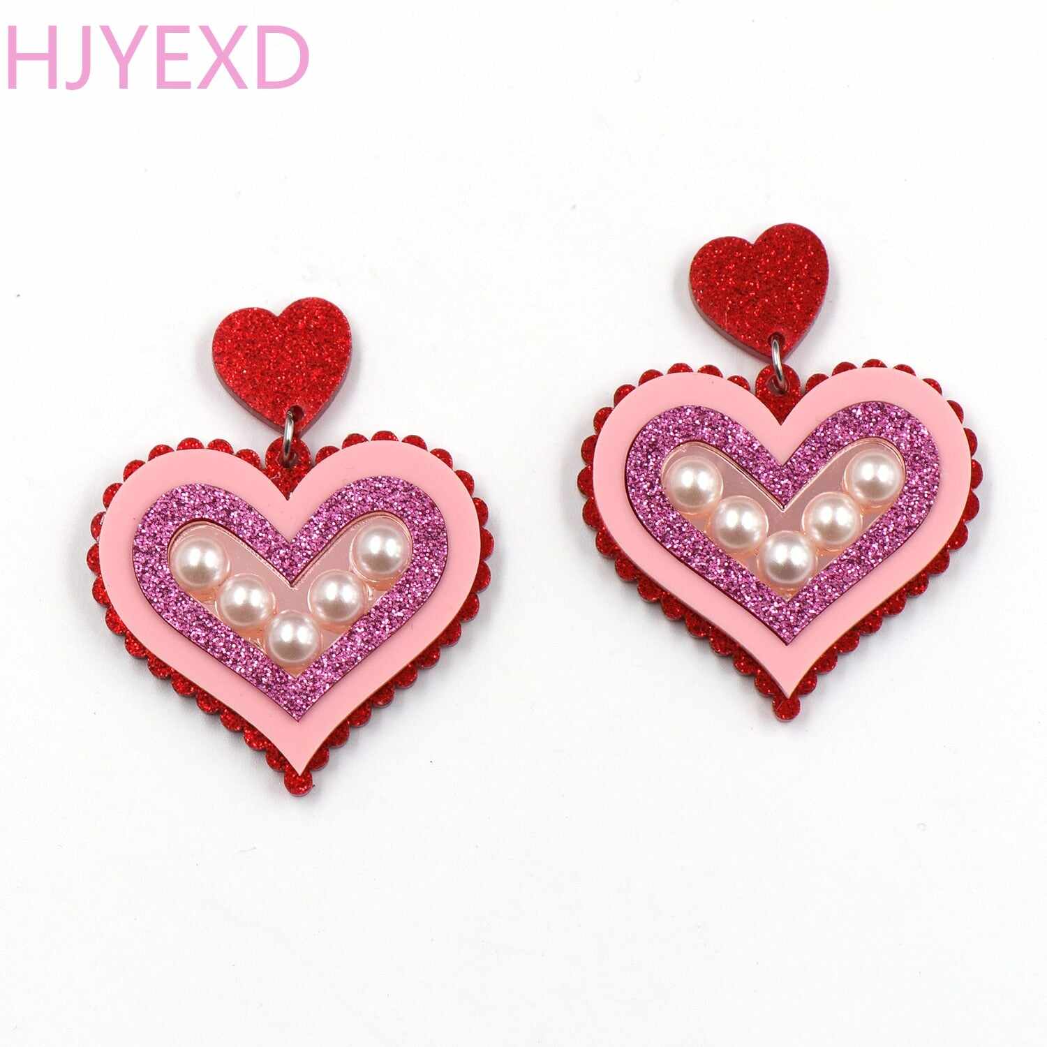 （1pair) Valentine Handmade Gift For Women Vintage Pearl Acrylic Heart Earrings Jewelry