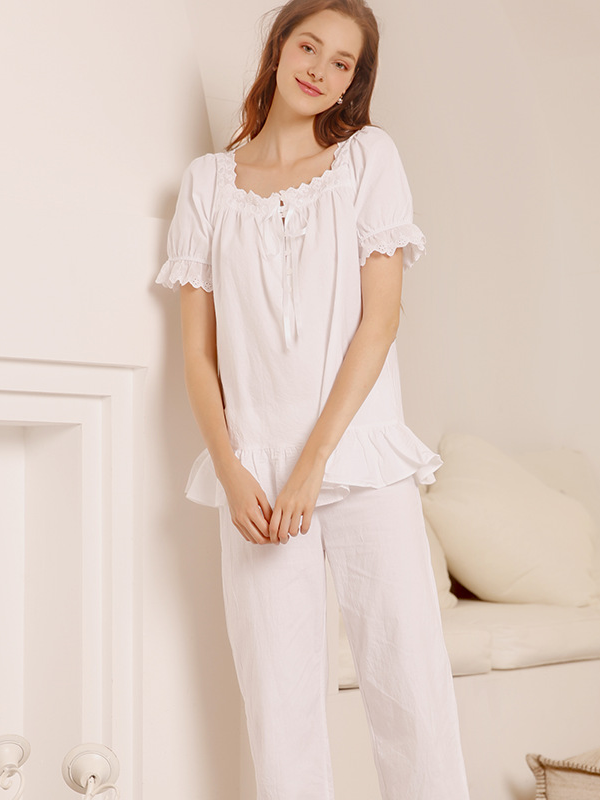 Cotton Casual Lace Loose Short Sleeve Pajama Set