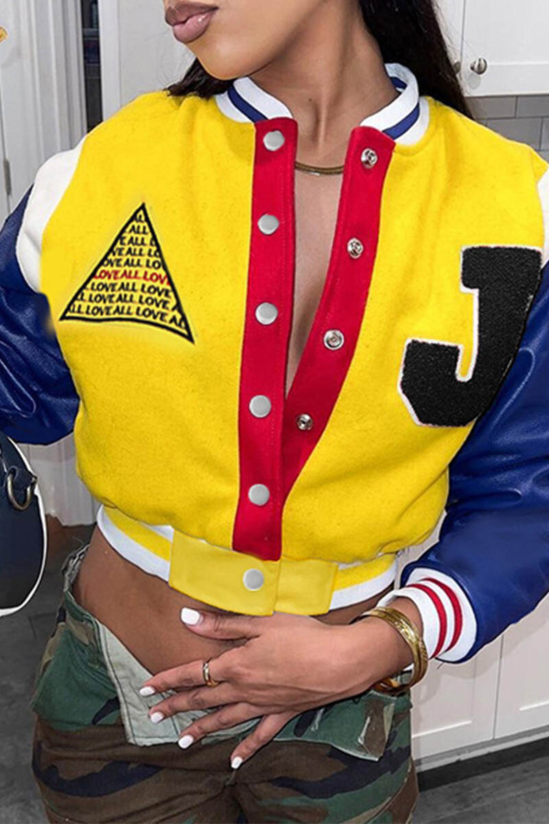 Yellow Casual Letter Patchwork Buckle O Neck Outerwear