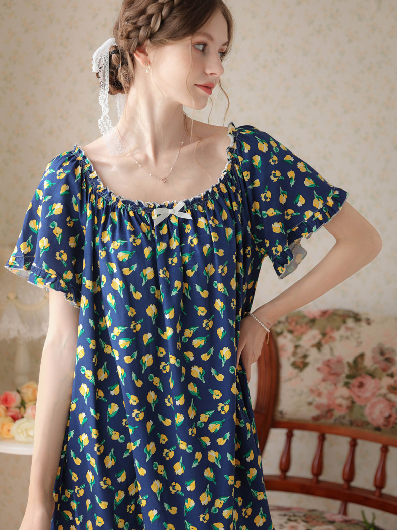 Simple Plain Cotton Floral Others Nightdress