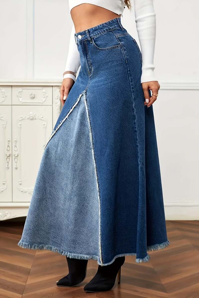 Deep Blue Casual Patchwork Contrast High Waist Regular Denim Skirts