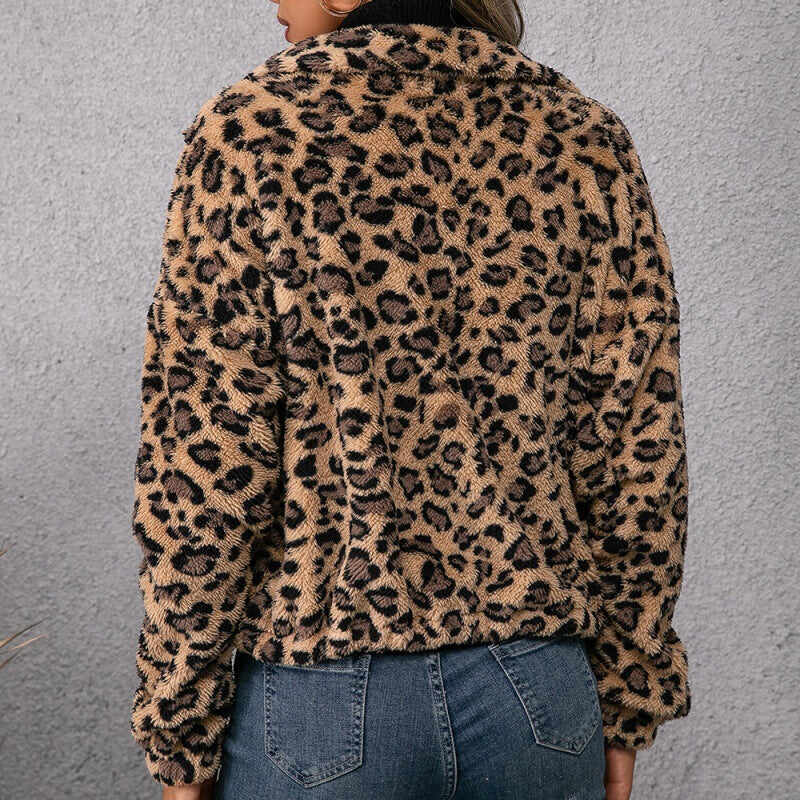 Ladies Leopard Print Lapel Zip Furry Jacket