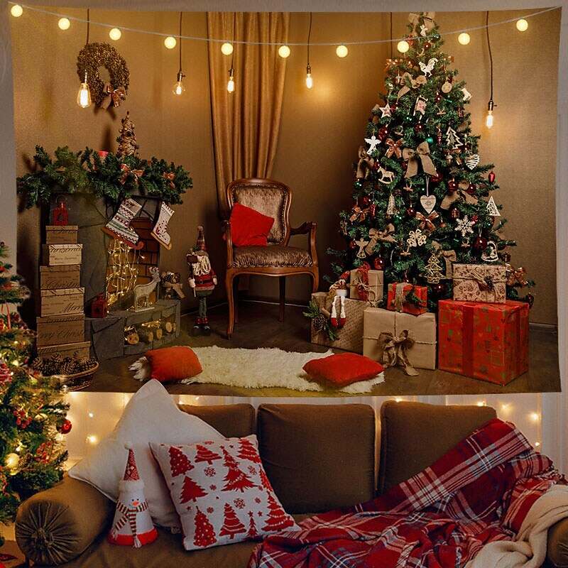 Christmas Decor LED Lights Wall Tapestry Christmas Tree Fireplace Print