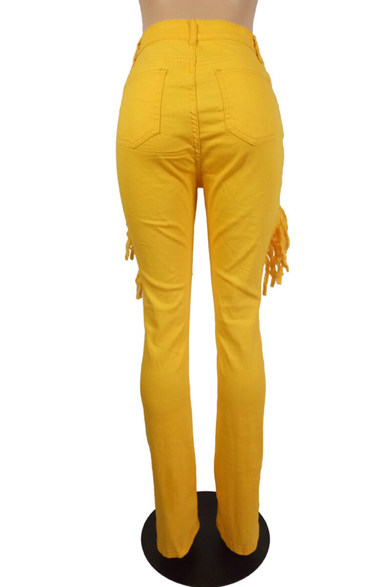 Yellow Casual Solid Tassel Ripped Mid Waist Skinny Denim Jeans