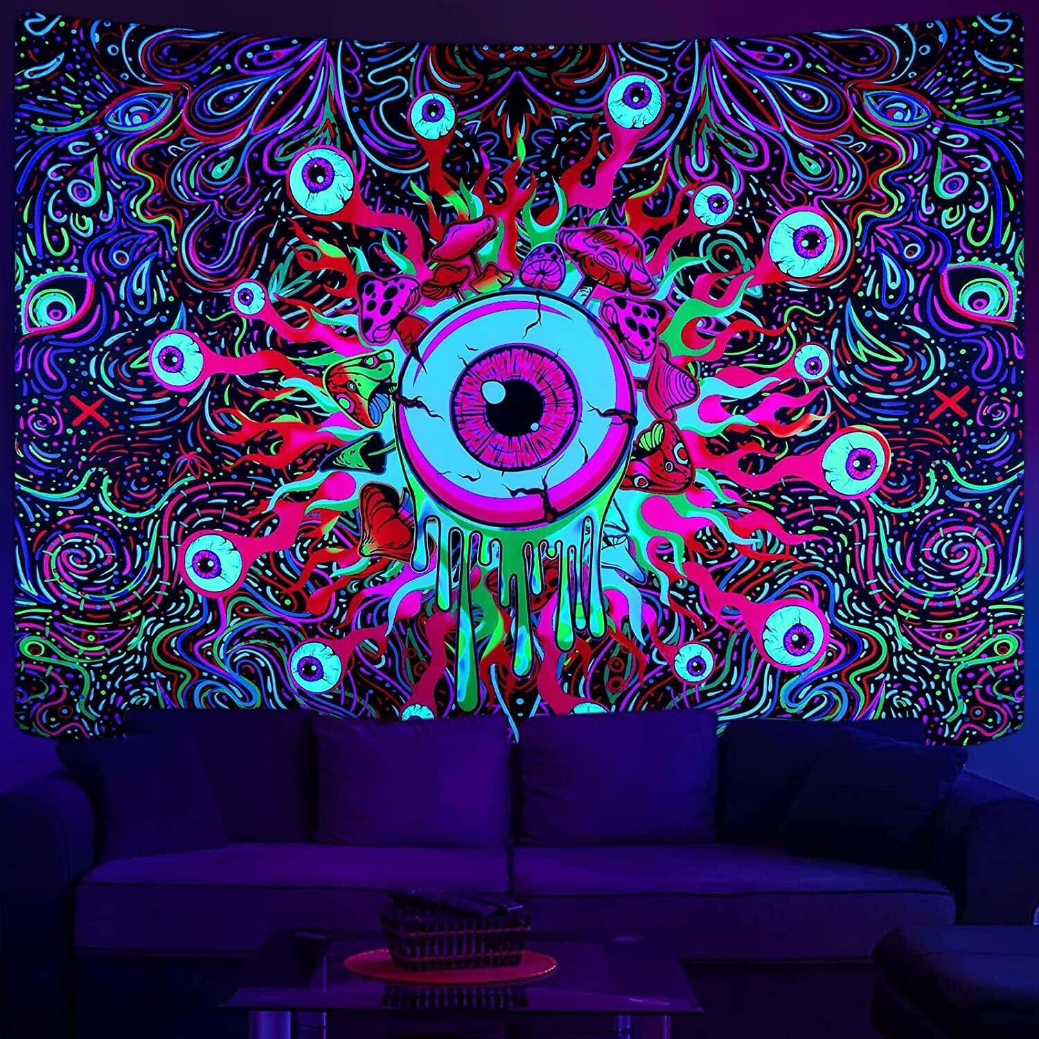 Blacklight Tapestry UV Reactive Trippy Creepy Eyes Wall Hanging