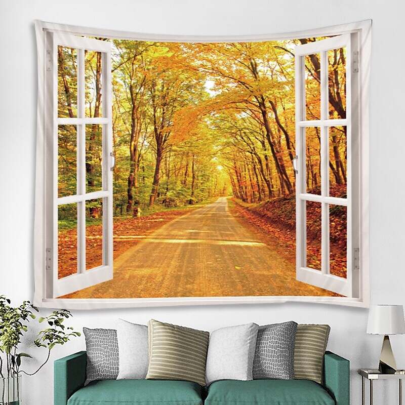 Window Landscape Wall Tapestry Art Decor Forest Flower Field