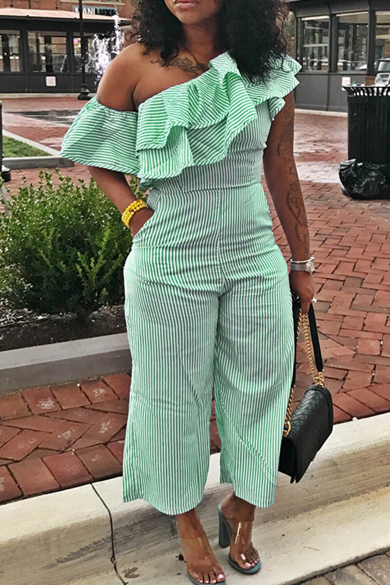 Green Casual Striped Patchwork Flounce Oblique Collar Regular Jumpsuits