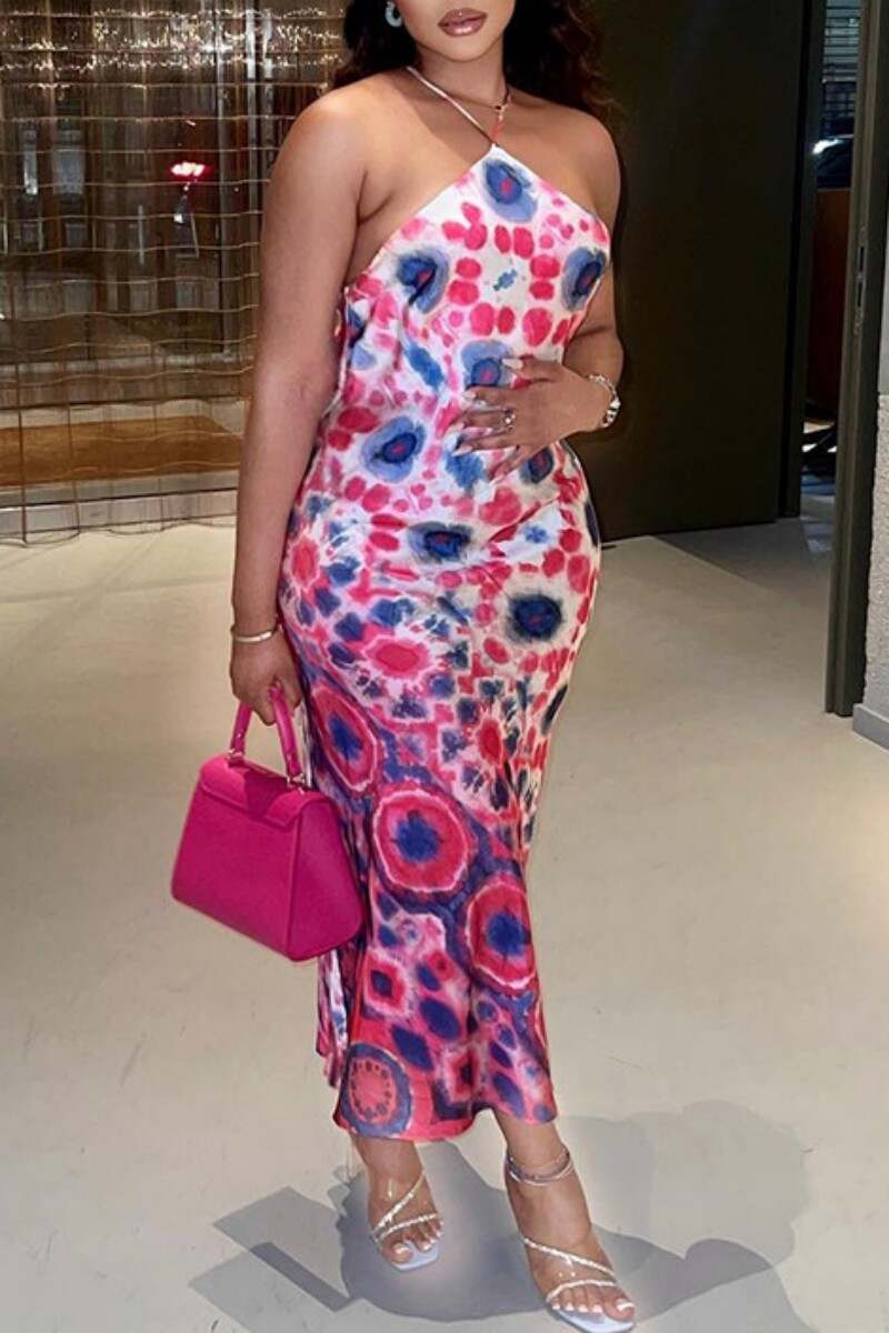 Colour Sexy Print Bandage Backless Halter Long Dress Dresses