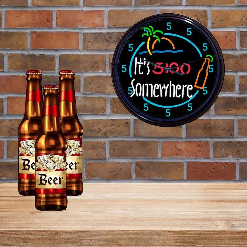 Tropical Clock - 5 O’clock Somewhere, Tiki Bar Clock, Happy Hour Sign, Retirement Gift, Cocktail Bar Decor, She Shed Sign, Margaritaville