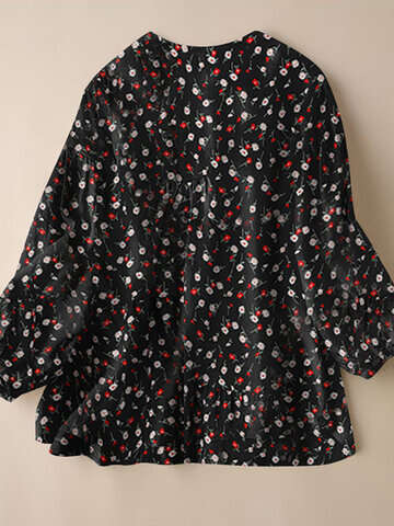 Women Blouses & Shirts | Allover Floral Print Button Long Sleeve Stand Collar Blouse - KG53914