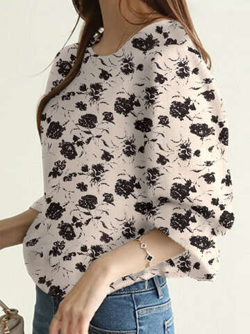 Women Blouses & Shirts | Random Allover Floral Print Crew Neck 3/4 Sleeve Blouse - KX82842