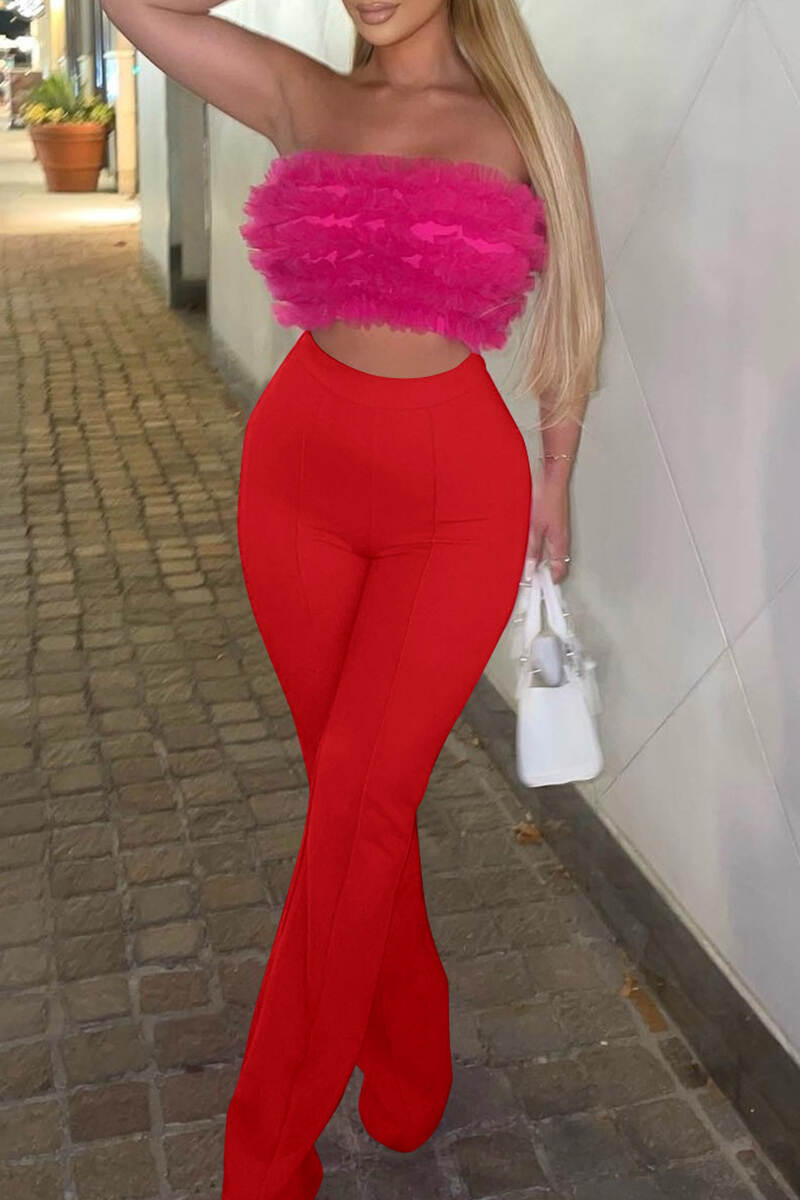 Red Casual Solid Basic Regular High Waist Conventional Solid Color Trousers