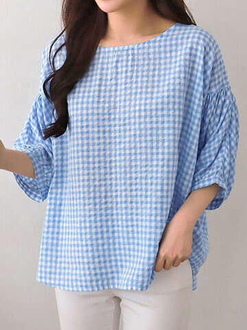 Women Blouses & Shirts | Check Print Crew Neck 3/4 Sleeve Casual Loose Blouse - YB04320