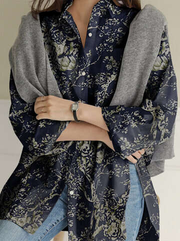 Women Plus Size Blouses & Shirts | Print Long Sleeve Lapel Plus Size Linen Shirt with Button - LJ67009