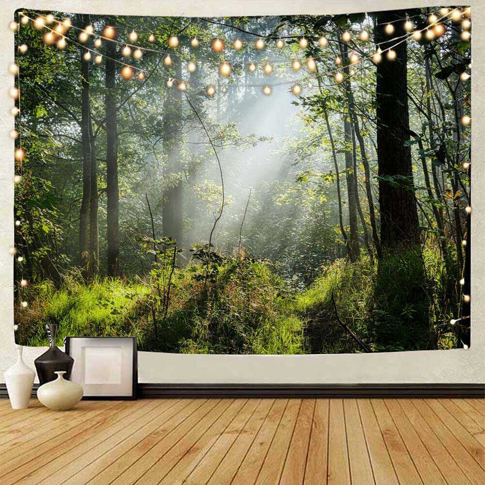 Landscape Tree Wall Tapestry Art Decor Misty Forest Nature Sunshine Through Tree