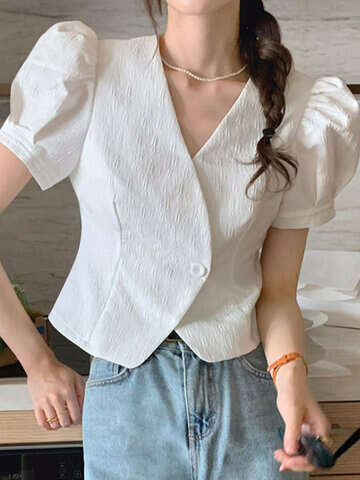 Women Blouses & Shirts | Puff Sleeve V-neck Solid Textured Blouse For Women - GG98656