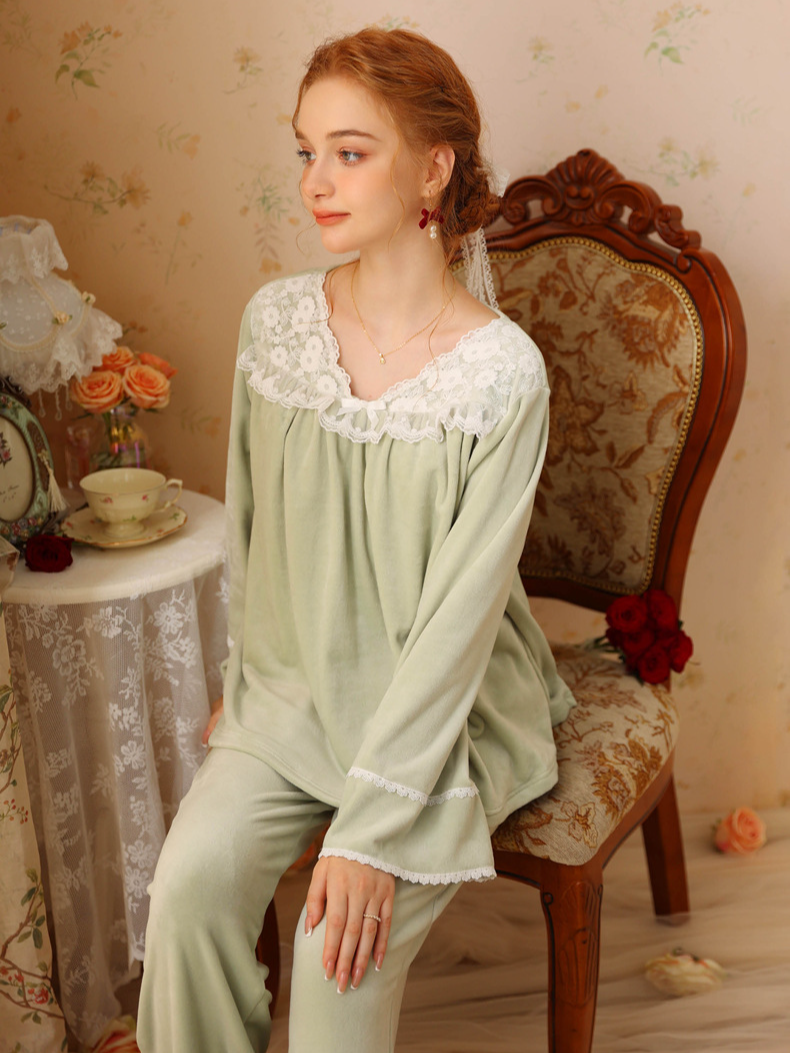 Loose Elegant V Neck Pajama Long Sleeve Set