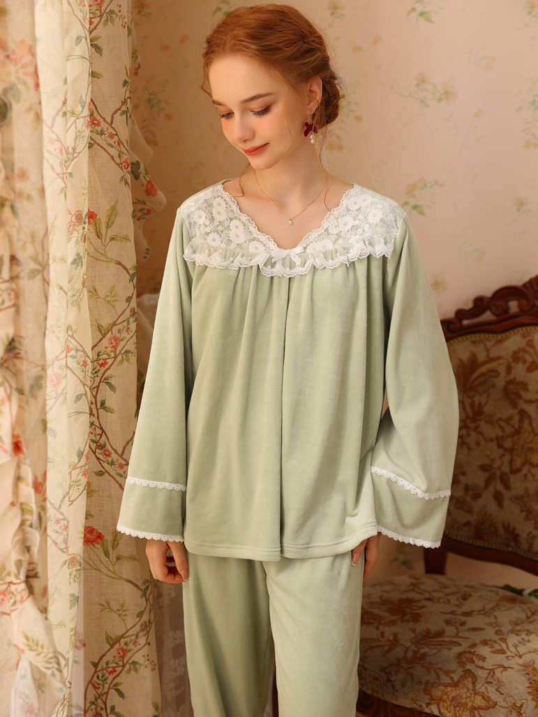 Loose Elegant V Neck Pajama Long Sleeve Set