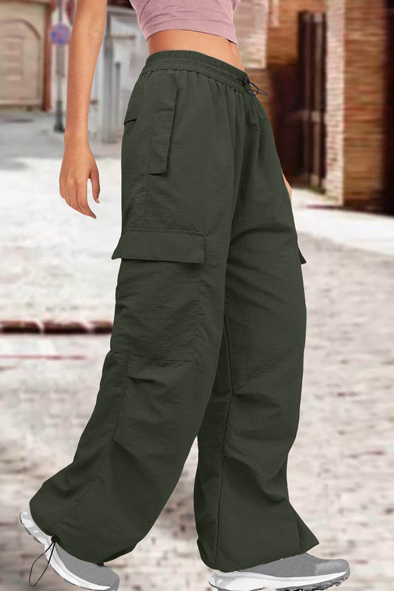 Army Green Street Solid Patchwork Draw String Pocket Straight Low Waist Straight Solid Color Bottoms