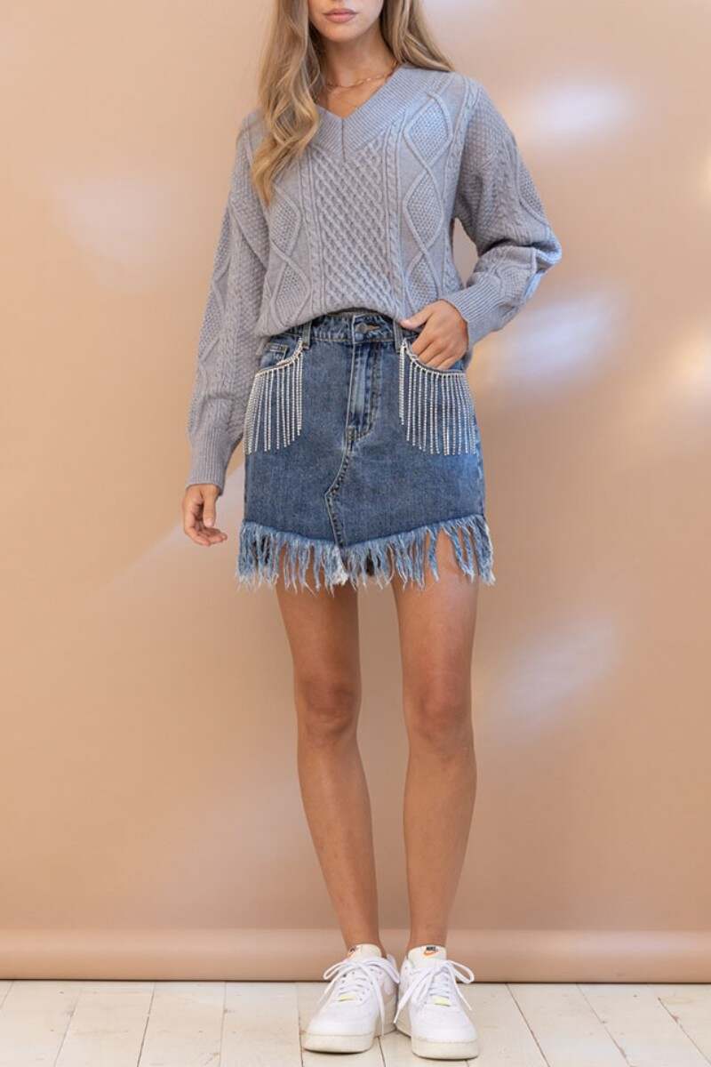 Blue Casual Patchwork Tassel High Waist Skinny Denim Skirts