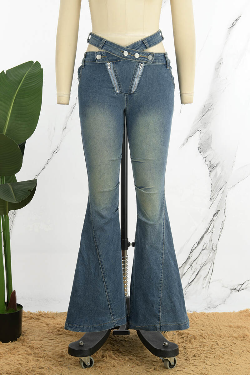 Blue Casual Solid Hollowed Out Make Old Patchwork Buttons Zipper High Waist Boot Cut Denim Jeans