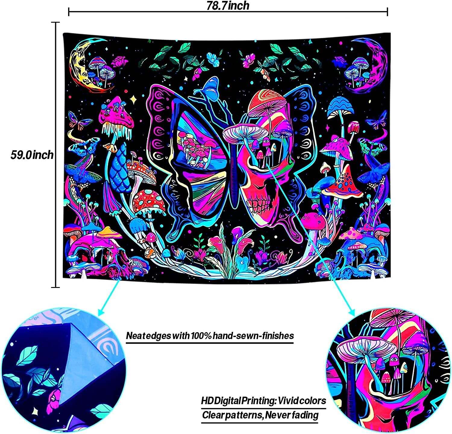 Blacklight Tapestry UV Reactive Trippy Butterfly Mushroom Plants