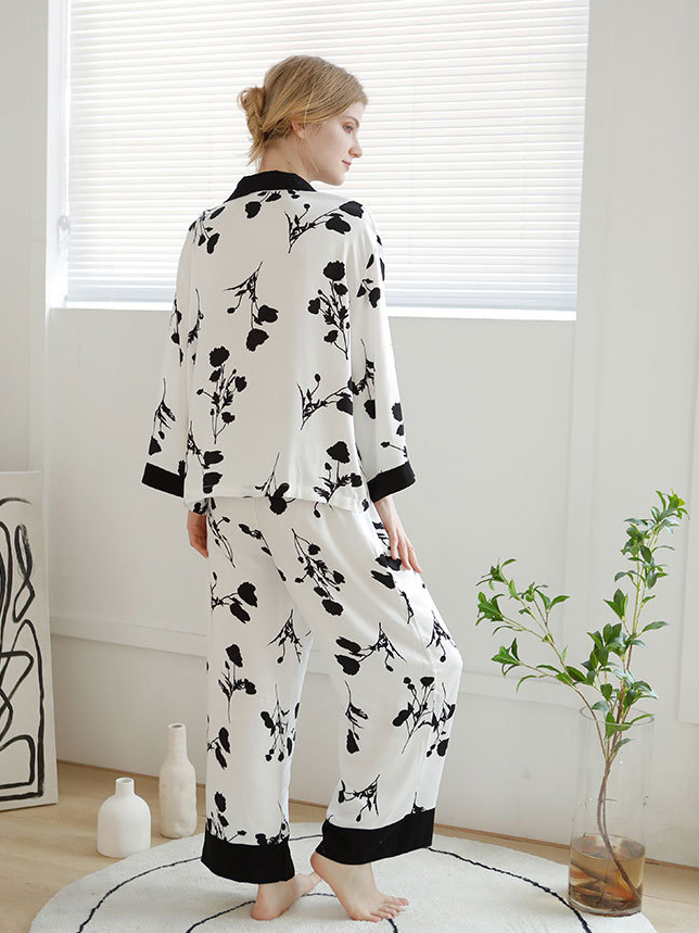 Loose Casual Floral Pattern V Neck Long Sleeve Pajama Set