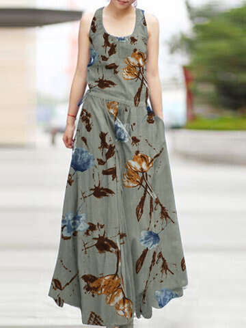 Women Maxi Dresses | Flower Print Loose Swing Pocket Sleeveless Maxi Dress - DX54115