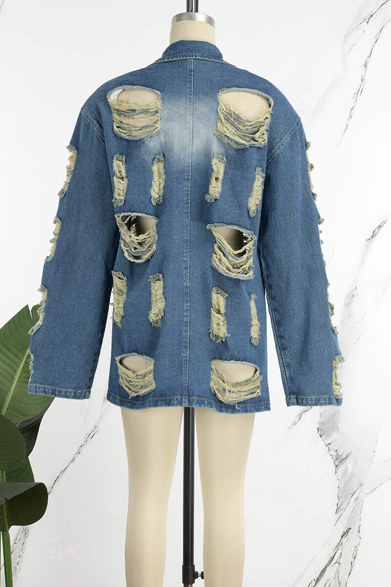 Blue Casual Solid Ripped Cardigan Turndown Collar Long Sleeve Regular Denim Jacket