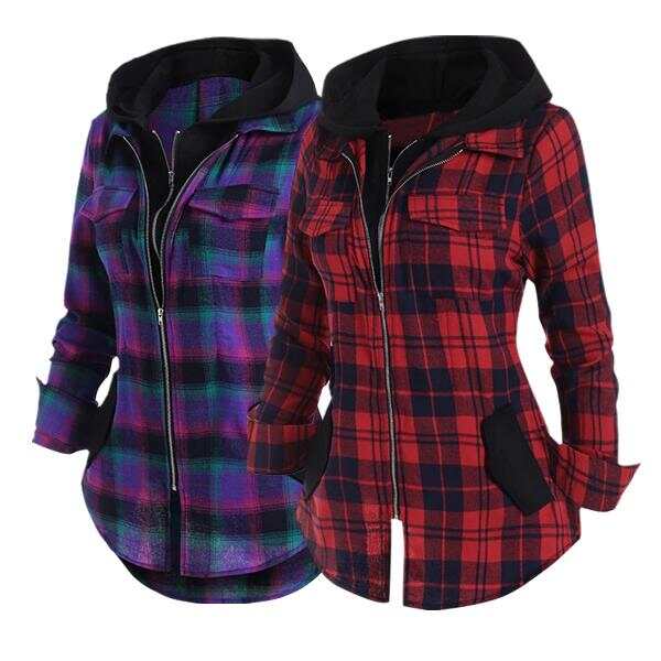 Double Zipper Plaid Pocket Hooded Shirt Jacket