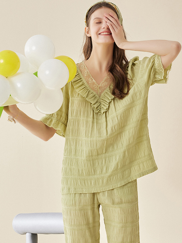 Plain Loose Simple Cotton Short Sleeve Pajama Set