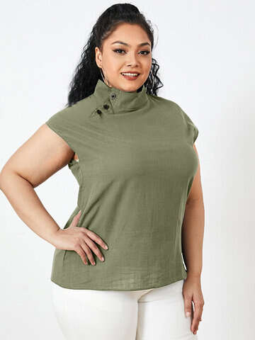 Women Plus Size Blouses & Shirts | Solid Color Stand Collar Short Sleeve Plus Size Button Blouse for Women - JK06833