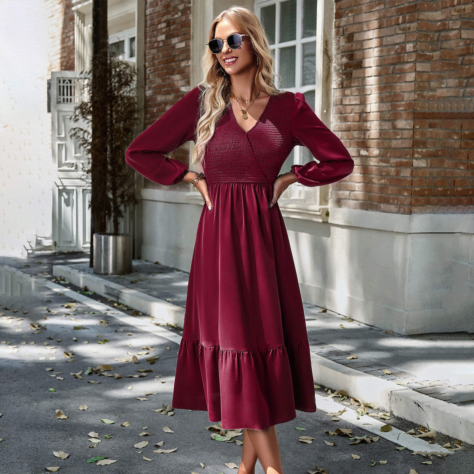 Latest style of women's long-sleeved solid color dress V-neck breathable and comfortable - Buy 3 and get free shipping