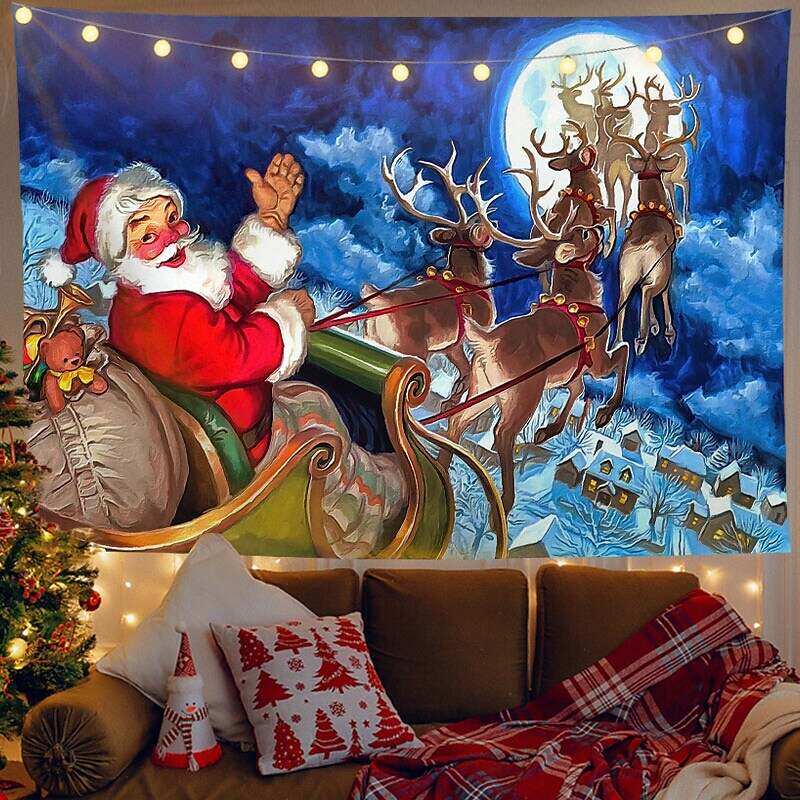 Christmas Decor LED Lights Wall Tapestry Santa Claus Print