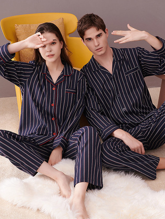 Striped Shawl V Collar Simple Regular Fit Couple Pajama Set