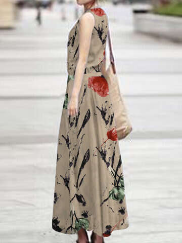 Women Maxi Dresses | Flower Print Loose Swing Pocket Sleeveless Maxi Dress - DX54115