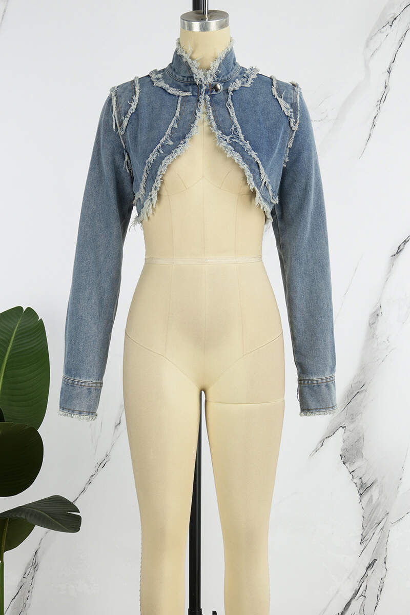 Blue Street Solid Tassel Patchwork Buttons Asymmetrical Mandarin Collar Long Sleeve Regular Denim Jacket